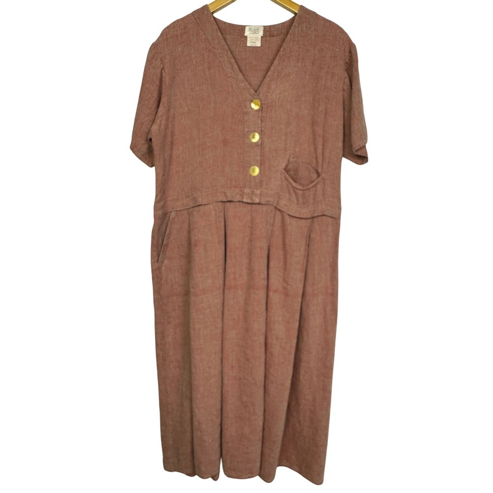 90s Flax by Angelheart Linen Dress Large Terracotta Red Button Front V-Neck Midi